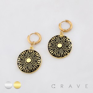 PAIR OF FILIGREE MEDALLION DANGLE 316L SURGICAL STEEL HUGGIE/HOOP EARRINGS 